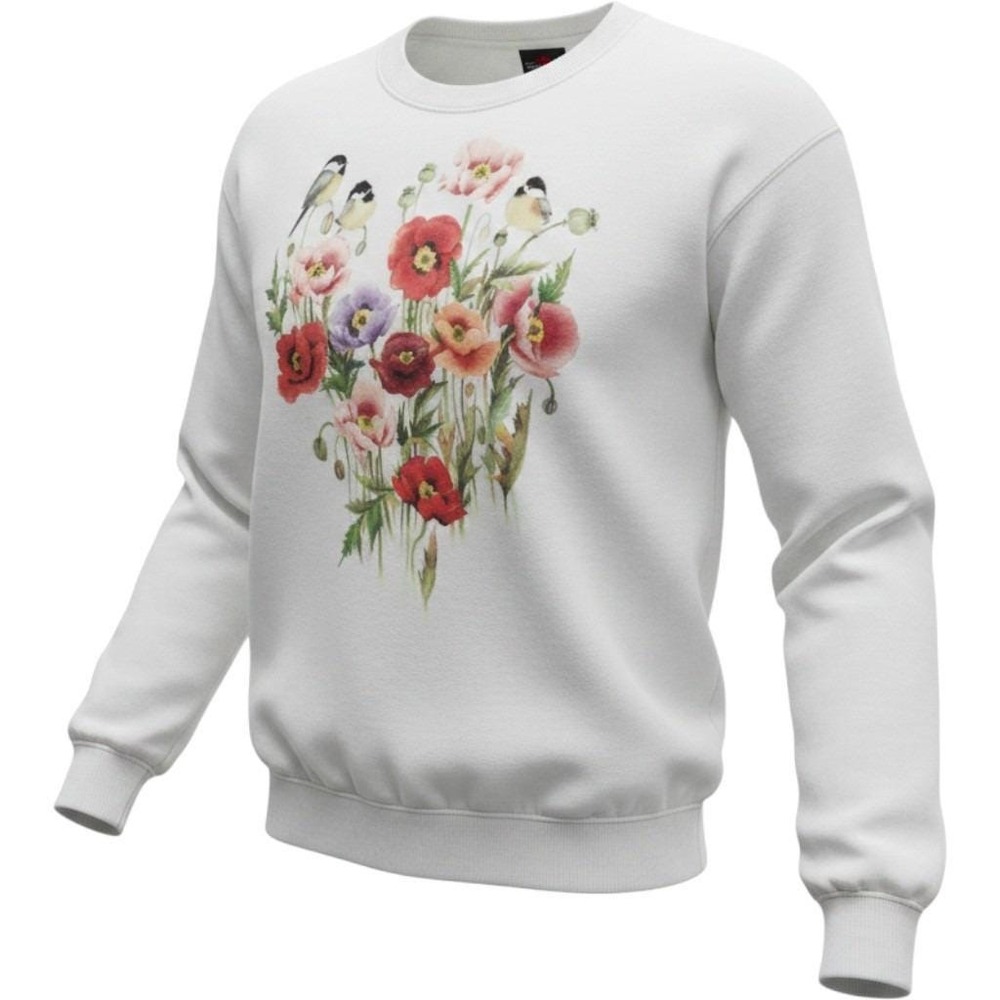 Dolphin Shirt Co Sweatshirt Womens L/XL White Chicks Poppies Floral Bird Graphic